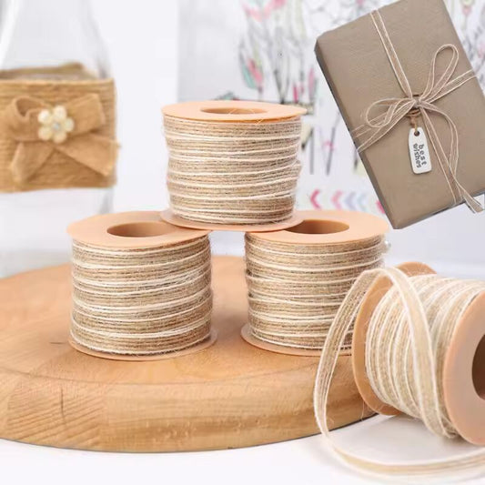 10M/Roll Natural Vintage Jute Burlap Hessian Ribbon With Lace Rustic Wedding Decoration Party DIY Craft Christmas Gift Packaging