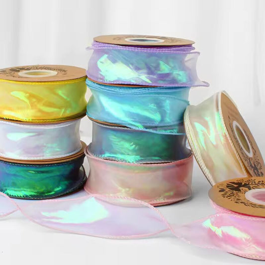 40mm 10Yards Fishtail Organza Ribbon Reflective Iridescent Wavy Edge Ribbon for Gift Wrapping DIY Bow Bouquet Voile Ribbons